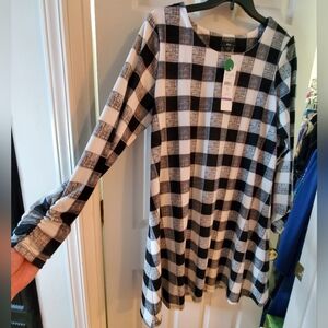 NWT R&K Women's 18 Black/White/Heather Gray Plaid Long Sleeve Dress Pullover